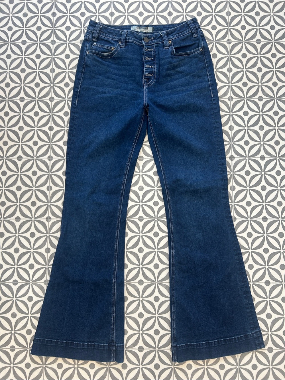 High-Rise Dark Blue Flare Jeans with Button-Fly